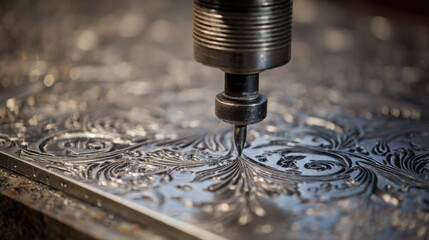 Detailed medium shot highlighting the process of creating repeating ornamental patterns on metallic sheets focusing on the mechanical embossing action.