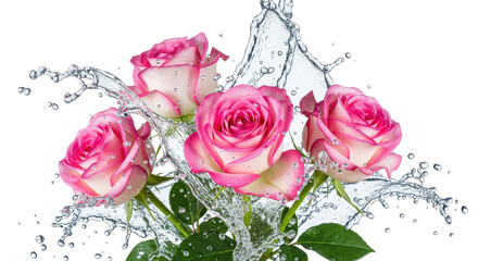Pink roses with dynamic water splash and droplets isolated on transparent background