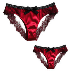 Red satin panties with black lace and bow detail isolated on transparent background, women&rsquo;s lingerie set
