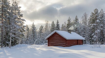 A vibrant red cabin amidst a tranquil snowy forest, with a blanket of snow covering the ground and trees