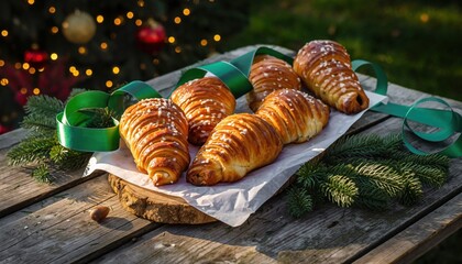 Festive Croissants: An array of golden-brown croissants is artfully arranged on a wooden table adorned with seasonal elements. The warm tones and festive accents evokes a sense of holiday cheer.