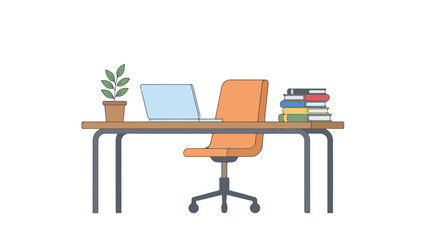 Minimalist home office desk setup with laptop, plant, chair, and books