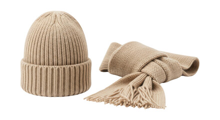 Beige knitted winter hat and scarf set isolated on transparent background
