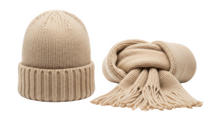 Beige knitted winter hat and scarf set isolated on transparent background