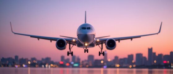 Modern airplane in flight against vibrant sunset sky, showcasing city skyline in background. scene evokes sense of adventure and travel