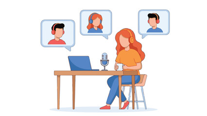 Woman hosting an online podcast or virtual meeting with remote participants