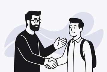Fototapeta premium Two men, one older and bearded, shaking hands with a younger man wearing a backpack, depicting a welcome, agreement, or mentorship.