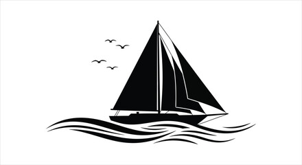 Sleek black sailboat illustration capturing the serene beauty of a maritime journey at sea