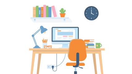 Flat design illustration of modern home office workspace with desk and computer