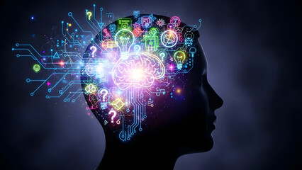 Silhouette of human head with glowing digital brain, artificial intelligence, complex thoughts, creativity, and data processing visualization