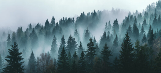 Abstract dark, misty forest landscape panorama.