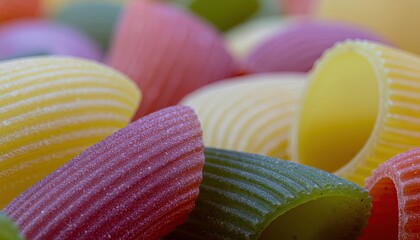 Vibrant Assorted Pasta Tubes in Macro Close Up with Soft Natural Lighting and Shallow Depth of Field