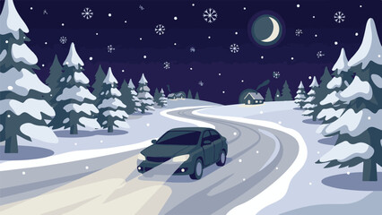 Car driving on a snowy winding road at night through a winter forest
