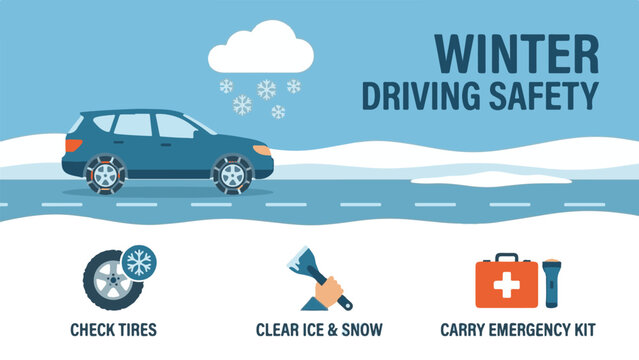 Fototapeta Winter Driving Safety Guide: Car on Snowy Road, Tips for Ice and Snow