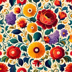 Seamless floral pattern with pink roses and decorative leaves