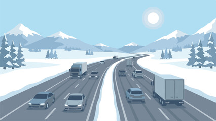 Winter highway with cars and trucks driving through snowy mountains