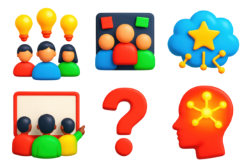 3D Brainstorming Icons. 3D icon set of team brainstorming and ideation: lightbulbs floating over group, sticky note wall around