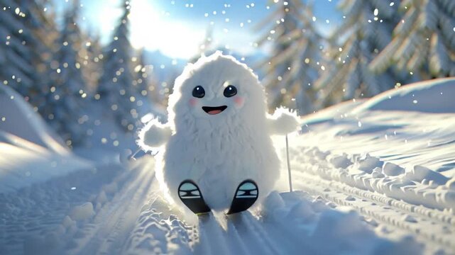 Small yeti like creature riding on skies down a snowy hilltop