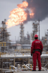 A worker in a red uniform and helmet stands on the roof of an oil production plant, overlooking the gas flares and pipelines.