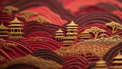 Japanese Pagodas Landscape Illustration