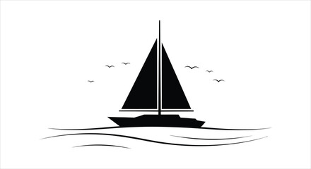 Silhouette of a sailboat on the water with birds flying above