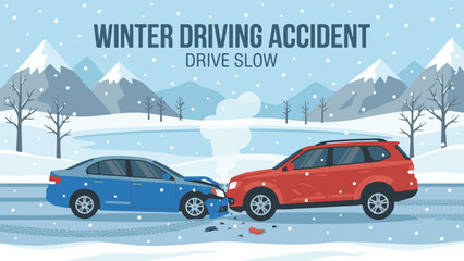 Winter driving accident, two cars crashed on a dangerous snowy road