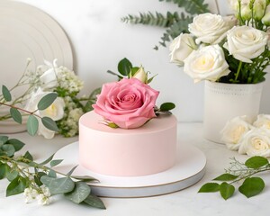Elegant wedding cake decorated with pink roses and candles