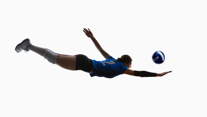 Dive save. Female volleyball player diving with elevated legs reaching toward ball. Concept of reaching ambitious goals, graphic resourse for sports ads banner, last-minute crisis management 