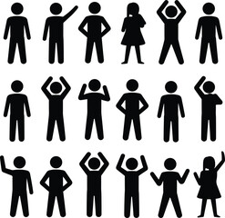 Collection of Human Figure Icons in Various Poses on White Background people silhouette