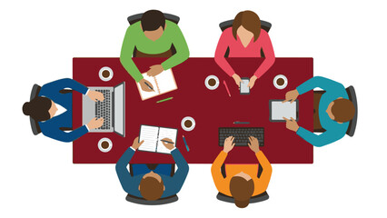 Business team meeting, top view, working with technology and notebooks