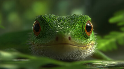 Cute green lizard animal close up with big curious eyes. This tiny reptile head peeking through lush forest foliage in wild nature