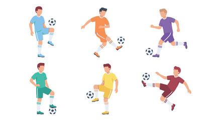 Set of diverse male soccer players performing football skills, flat illustration