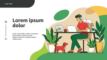 Man working remotely on laptop with cat, dog, and plants in home office