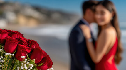 Happy romantic couple in love on beach with beautiful bouquet of red rose flower. Man and woman embrace in moment of pure romance