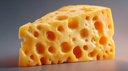 A delicious wedge of Swiss cheese with characteristic holes, presented on a clean, reflective surface