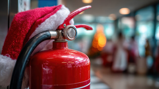 Festive red fire extinguisher with santa hat for christmas holiday safety. Modern protection equipment with funny seasonal decoration