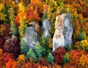 Man photographer in the mountains in autumn at sunset