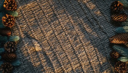 Fototapeta premium Winter Wonderland: A textured fabric blanket is the canvas for a winter composition of pine cones, offering a visual feast of texture and the quiet stillness of the season.