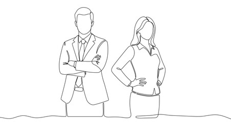 Business man and woman with crossed arms in one line art style. Drawing with editable black stroke on white background. Vector illustration.