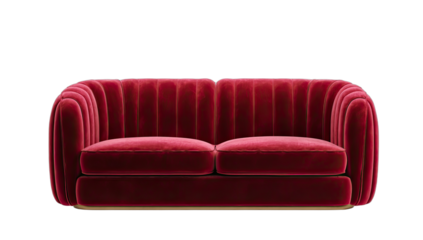 Plush, channel-tufted red sofa with rounded arms and a thin gold base