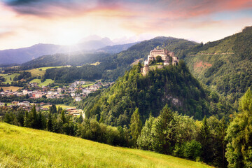 Hohenwerfen Castle at dramatic sunset, Austria, Salzburg
