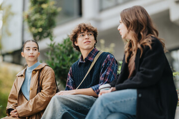 Three teenagers sit on a bench outside a modern building, engaged in conversation. A girl in a tan...
