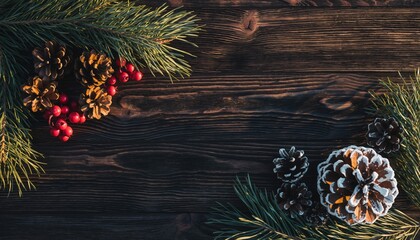 Fototapeta premium Festive Season's Embrace: A top-down perspective captures a rustic wooden surface adorned with seasonal accents. This composition evokes a sense of festive charm.