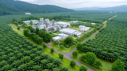 An expansive drone shot captures a sprawling industrial facility integrated within extensive tropical palm oil plantations