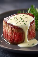A plate of medium rare steak with a rich, creamy sauce drizzled on top and sprinkles of black pepper.