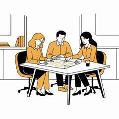 Minimal Line-Art Team Working Together on a Creative Brief with Accent Shapes &ndash; Vector Illustration