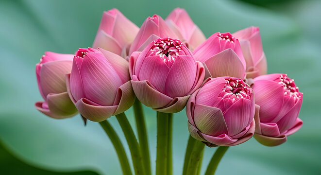Beautiful pink lotus buds are blooming on a green background in the garden - Powered by Adobe