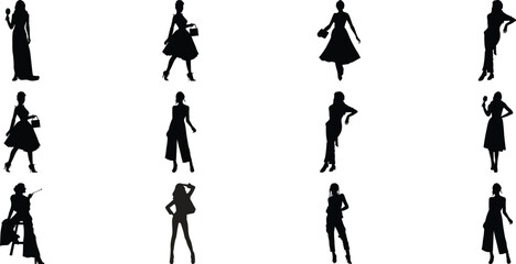 Fashion models poses collection silhouette isolated on transparent background
