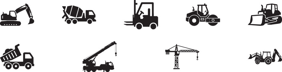 Construction Machinery Icons – Heavy Equipment Silhouette Vector Set