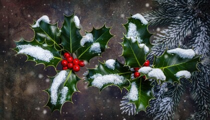 Festive Holly: A close-up shot of holly leaves, adorned with vibrant red berries, dusted with delicate snowflakes, captures the essence of Christmas cheer.